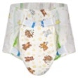 picture of the crinklz brief from the front with 2 blue tapes on each side and an all over childlike print