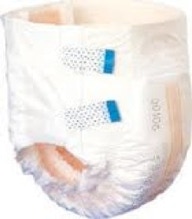 picture of a white plastic backed adult dispoable diaper with two blue tapes on each side