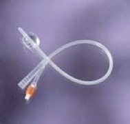 picture of a foley catheter which is a tube with drainage holes for the bladder and a balloon on one end that holds it in the bladder and two ports on the other end one for a syringe and one a tubing connector