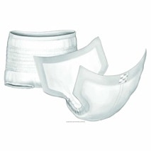 picture of a pad and pant system showing a large diaper shaped pad that is held in place by the mesh pants in the picture
