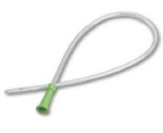 picture of an intermittent catheter which is a long tube with holes for bladder drainage on one end and a funnel connector on the opposite end