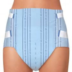 picture of a molicare slip maxi adult diaper on a manequin with blue vertical lines on the diaper and two blue and white tapes on each side