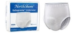 picture of a bag of northshore gosupreme protective underwear with a pair of the underwear to the right of the bag