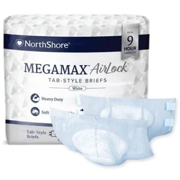 picture of a bag of northshore megamax airlock briefs with a brief in front of it showing the tape tabs and tape landing zone