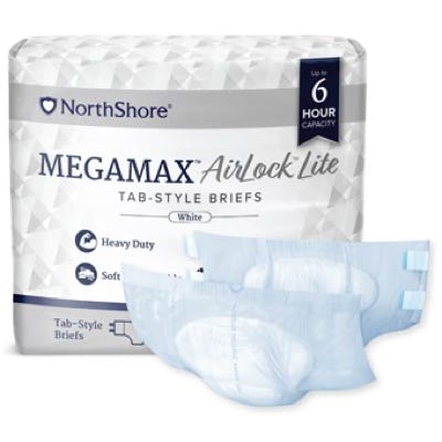 picture of a bag of northshore megamax airlock lite briefs with a brief in front of it showing the tape tabs and tape landing zone