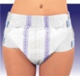 picture of a manequin wearing a seni super plus brief which has two tape tabs on each side and vertical line designs on the front