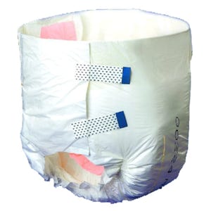 picture of a tranquility atn disposable diaper that is white in color with two blue tape tabs on each side