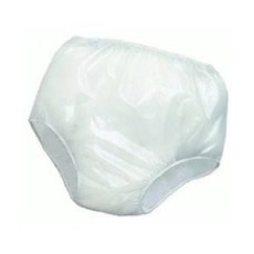 picture of a pair of white plastic pants that pull on over a diaper